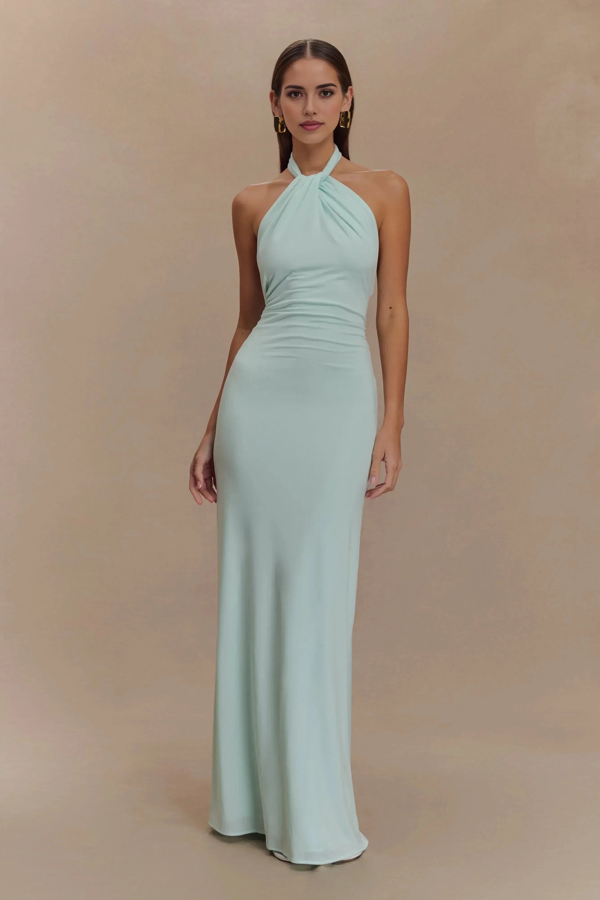 Charming Sheath Halter Neck Sleeveless Knotted Open Back Floor Length Prom Dress by YiHuiw