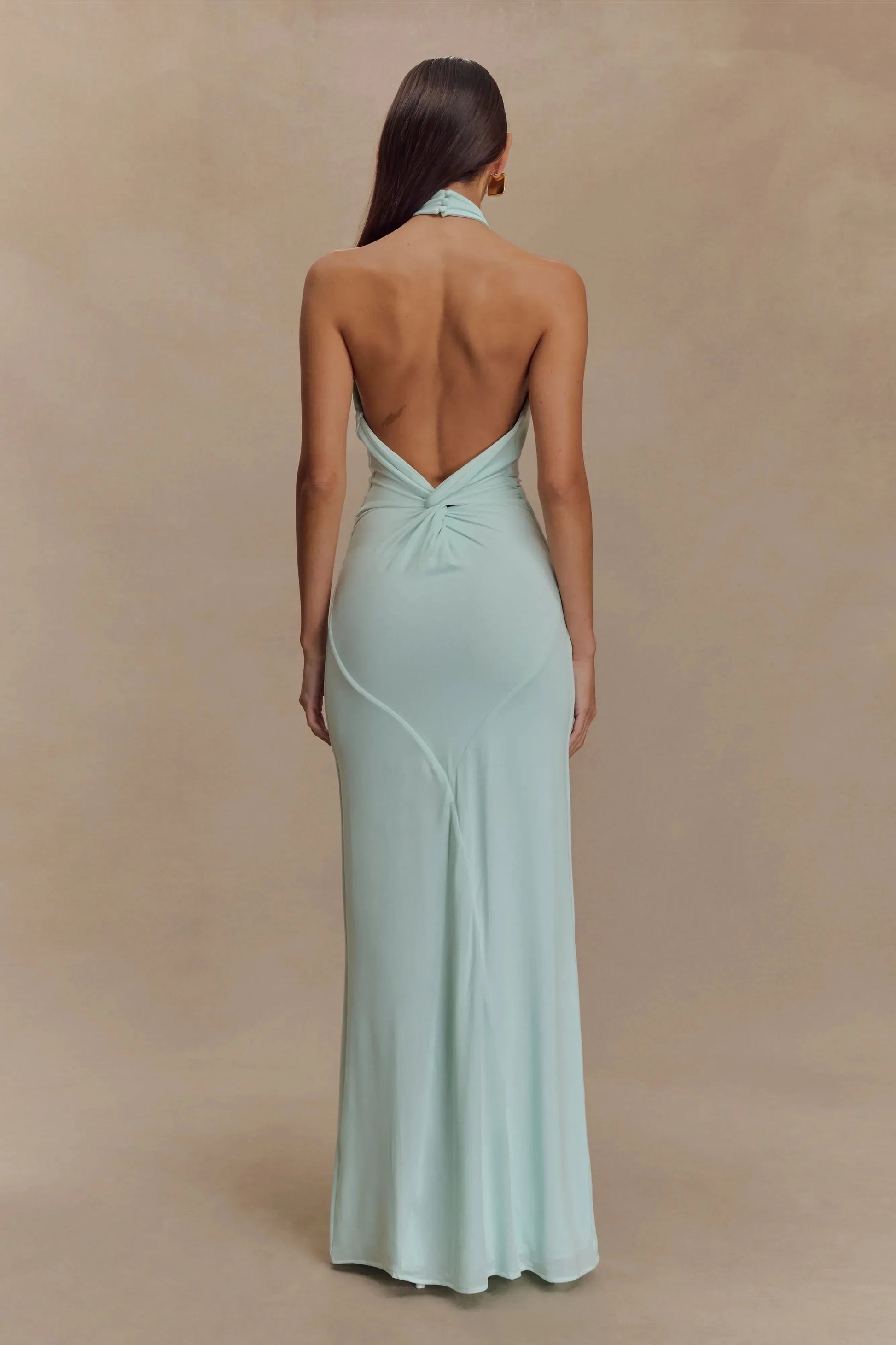 Charming Sheath Halter Neck Sleeveless Knotted Open Back Floor Length Prom Dress by YiHuiw