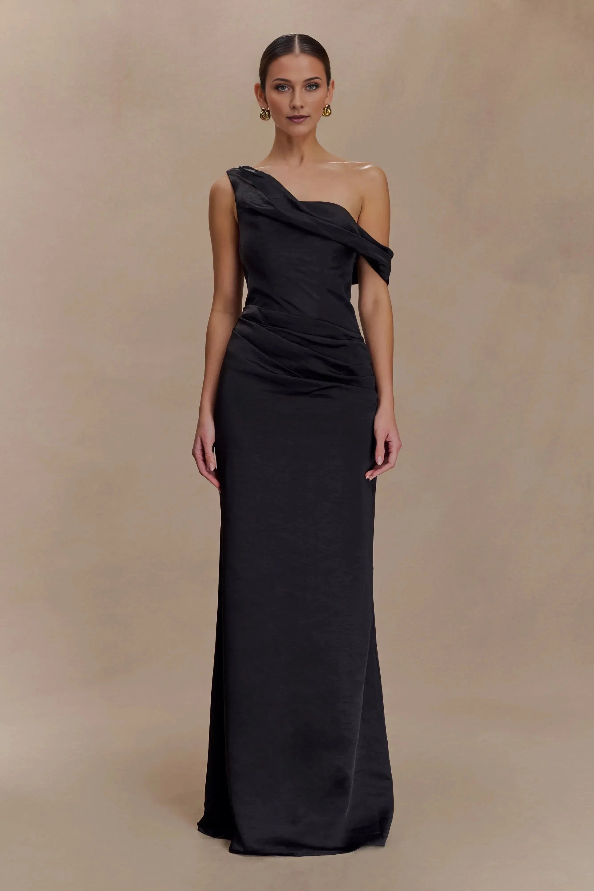 Charming Sheath One Shoulder Short Sleeve Draped Back Floor Length Prom Dress by YiHuiw
