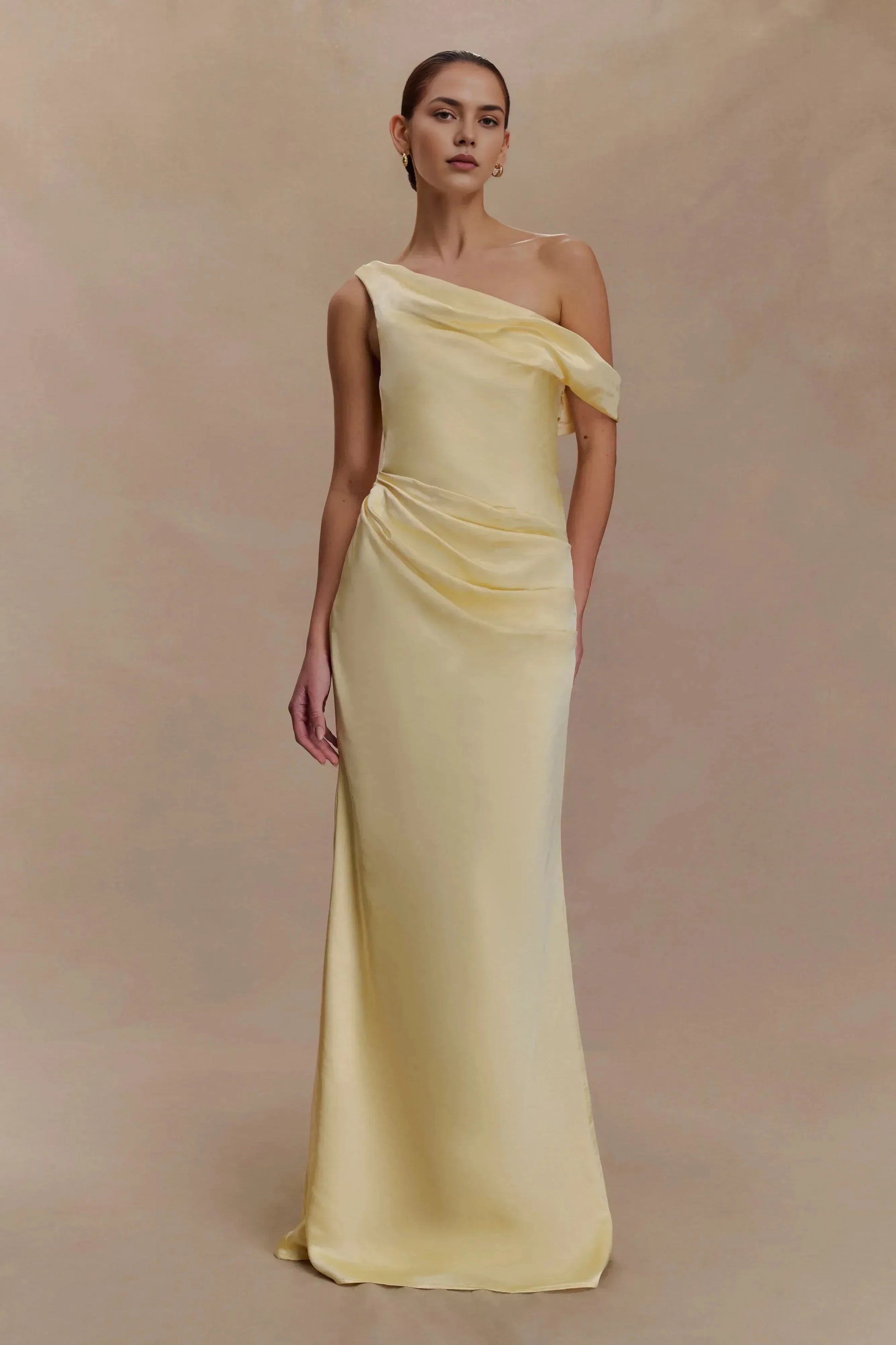 Charming Sheath One Shoulder Sleeveless Draped Back Floor Length Prom Dress by YiHuiw