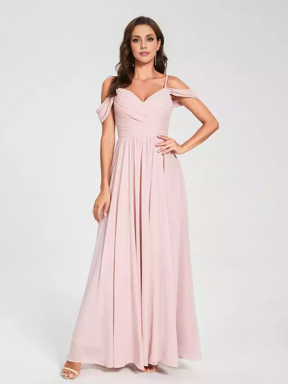 Encantadores vestidos de dama de honor de gasa en línea A/estilo princesa, con tirantes, hombros descubiertos y abertura hasta el suelo