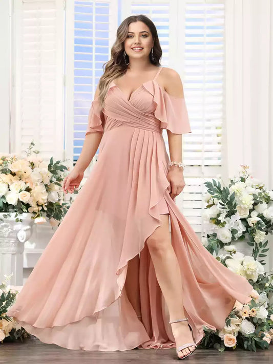 Charming A-line V-neck camisole short sleeved asymmetrical chiffon oversized Bridesmaid Dresses