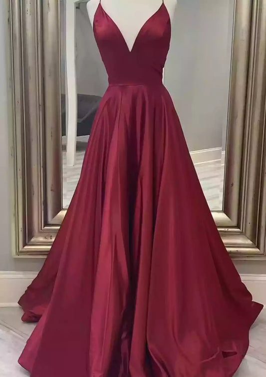 Charming A-line V-neck slim shoulder strap long/satin Prom Dresses