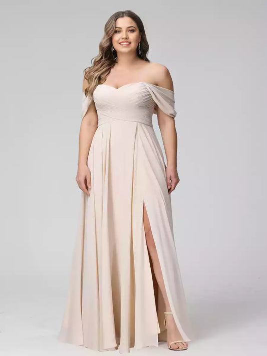 Charming A-line off shoulder sleeveless pleated long chiffon side slit Bridesmaid Dresses