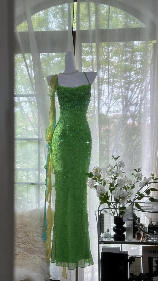 Charming Fashion Elegant Sparkling Exquisite Sequin Beaded Long Chiffon Ball Gown simple gentle atmospheric and unique desi Bring summer colors to enhance whiteness by YiHuiw