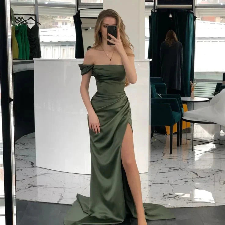 Charming Olive Green Prom Dress Slit Leg Open Backs Formal Dresses simple gentle atmospheric and unique desi Bring summer colors to enhance whiteness by YiHuiw