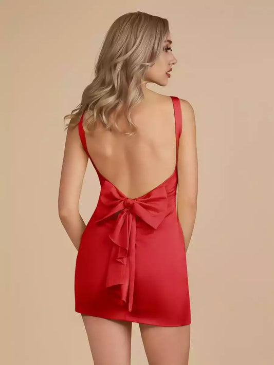 Charming V-neck satin tight fitting sleeveless cut with butterfly bow embellishing Homecoming Dresses