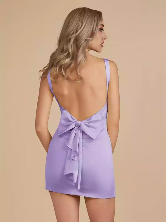 Charming V-neck satin tight fitting sleeveless cut with butterfly bow embellishing Homecoming Dresses