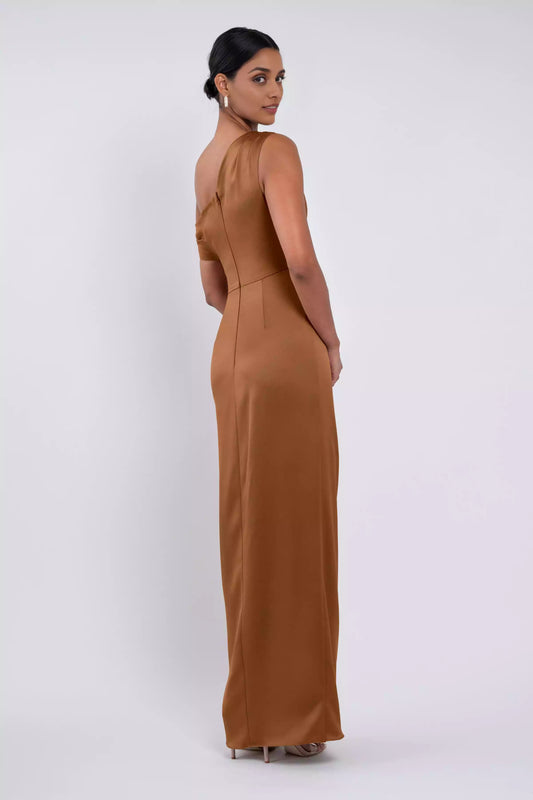 Charming luxury satin shoulder collar, natural waist seam, pleated slit, fully lined Prom Dresses