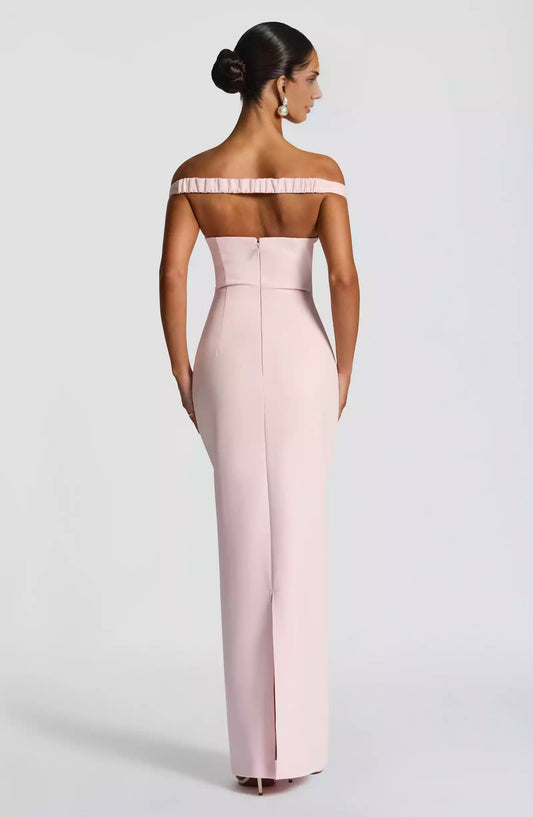 Charming non stretch crepe deep V-neck off shoulder collar elastic back with pleated chiffon back slit Prom Dresses