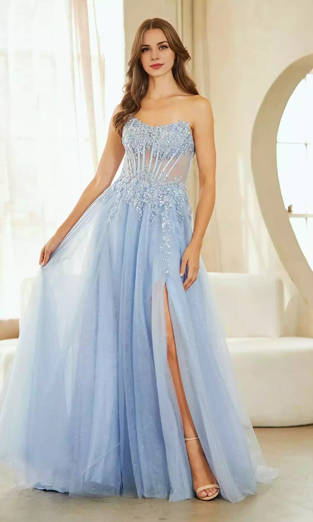 Vestidos de graduación brillantes de encaje con cuentas, efecto transparente, corsé decorativo, corte plisado y abertura lateral