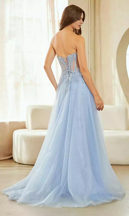 Vestidos de graduación brillantes de encaje con cuentas, efecto transparente, corsé decorativo, corte plisado y abertura lateral