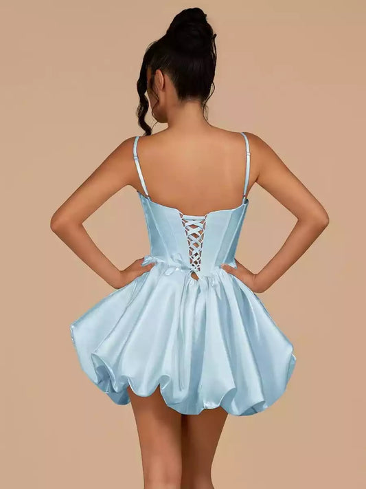 Charming satin mini short heart-shaped collar sleeveless corset with bubble hem and lace up back Homecoming Dresses