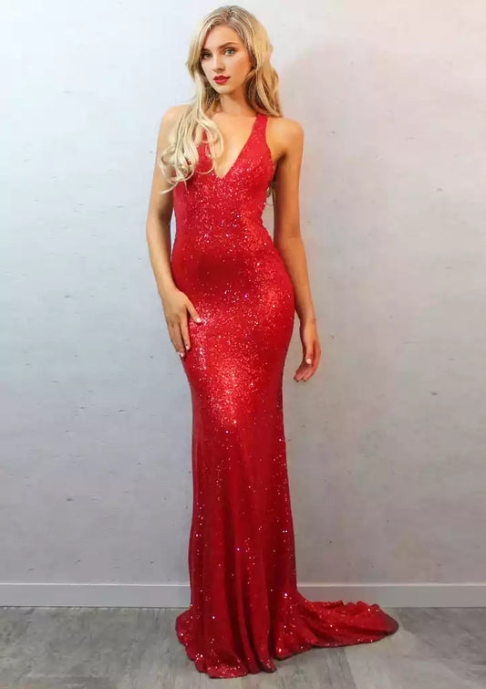 Charming slim fit/straight V-neck cross backless sequin church style trailing Prom Dresses