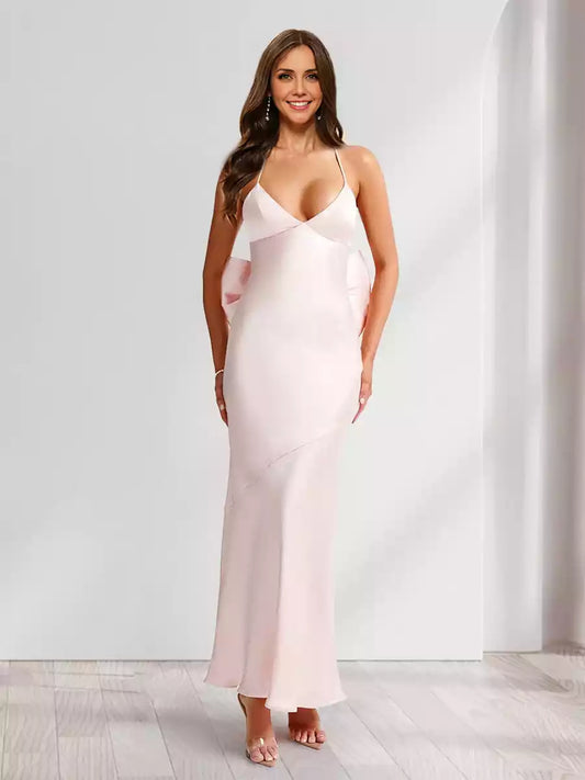 Charming slim fit/straight camisole V-neck long elastic satin and ankle Bridesmaid Dresses