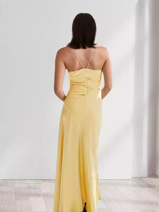 Charming slim fit/straight camisole pleated long side slit Bridesmaid Dresses
