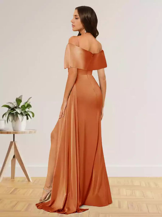 Charming slim fit/straight off shoulder long formal side slit with pleated Bridesmaid Dresses