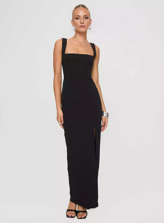 Charming square neckline, wide fixed shoulder straps, slit at the hem, invisible zipper, back hook and loop, Prom Dresses