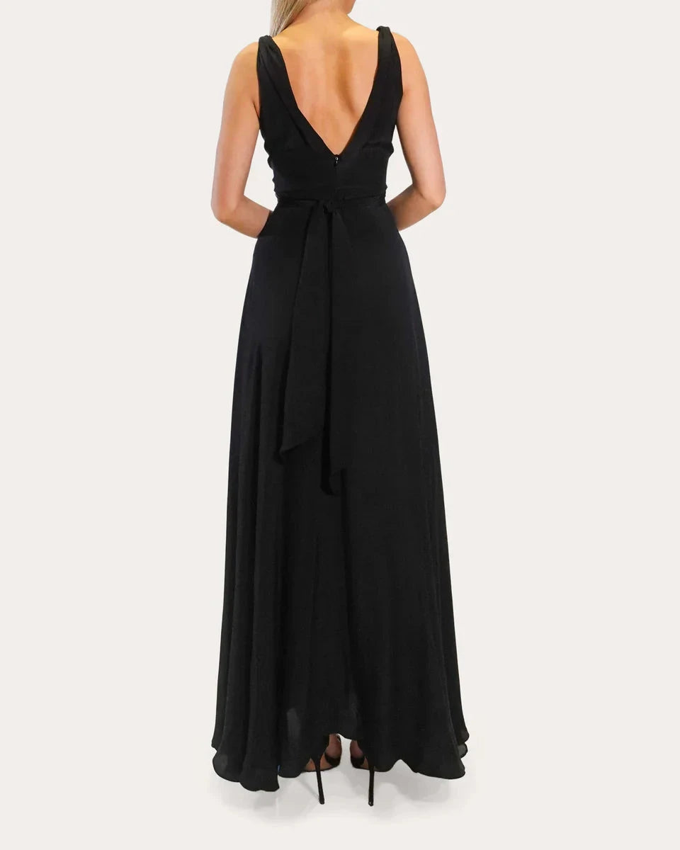 Chic A-Line Deep V Sleeveless Open Back Floor Length For Adults Prom Dress by YiHuiw