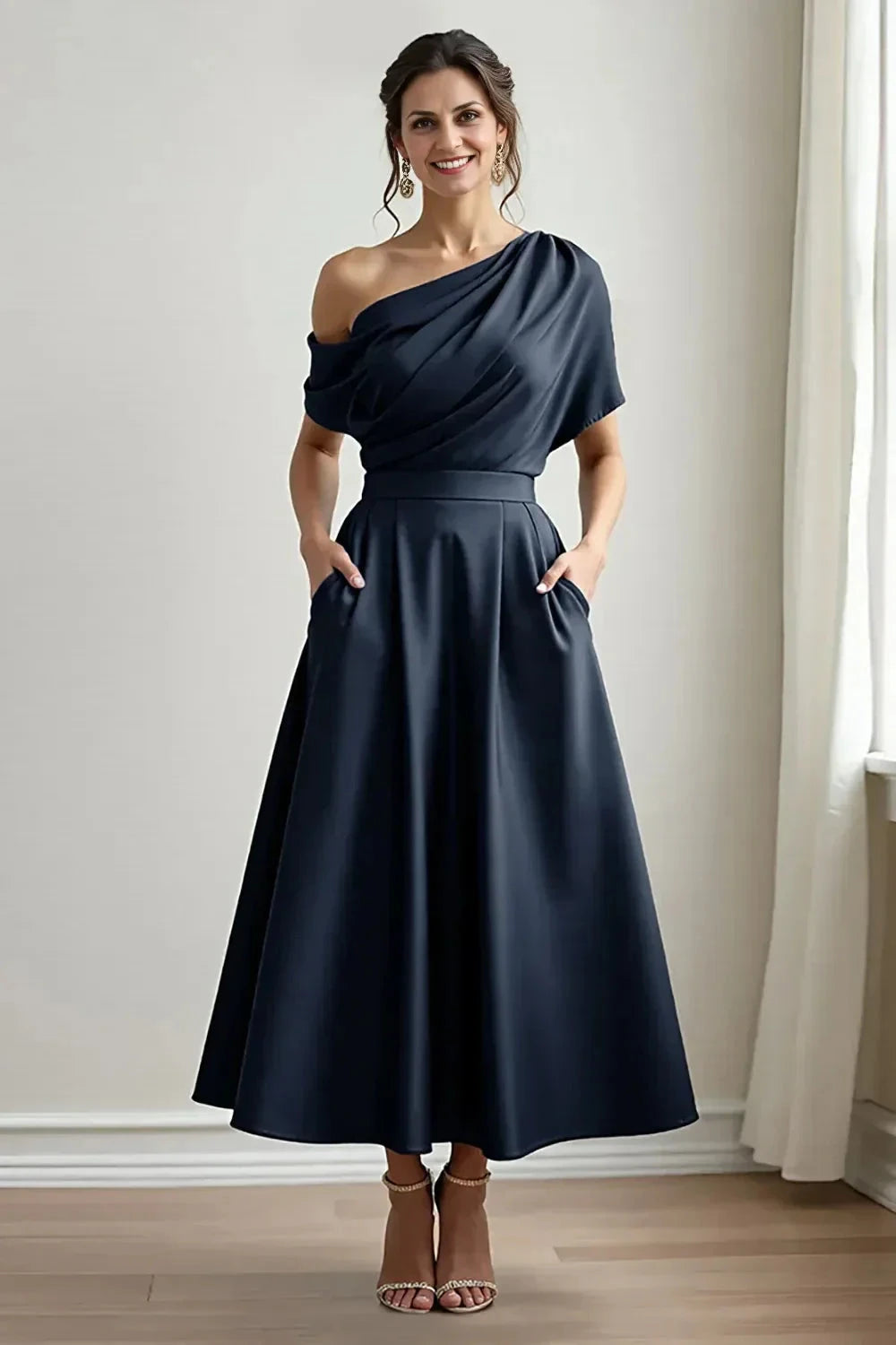 Chic A Line One Shoulder Short Sleeve Draped Back Midi Length Mother of the Bride Dress by YiHuiw