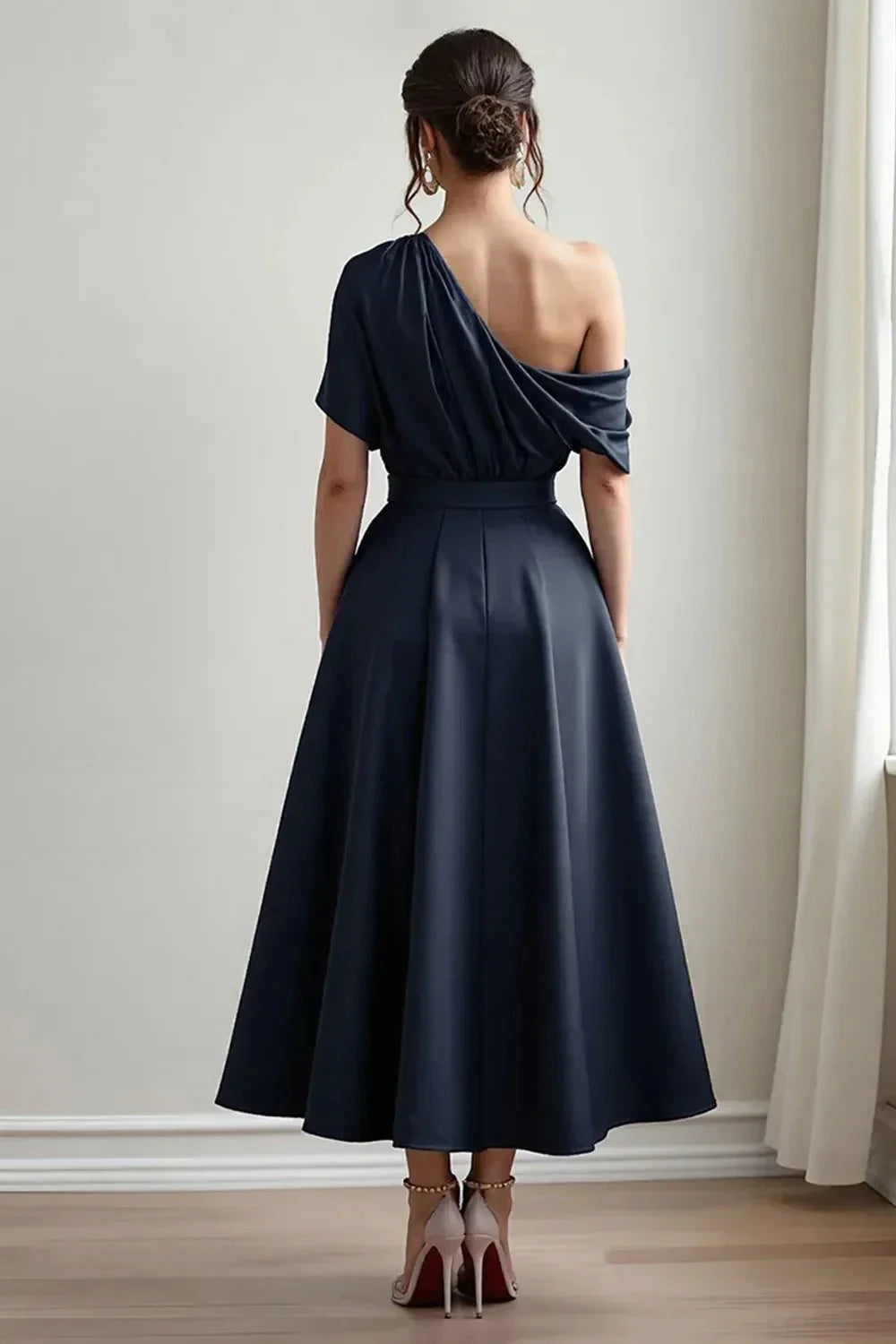 Chic A Line One Shoulder Short Sleeve Draped Back Midi Length Mother of the Bride Dress by YiHuiw