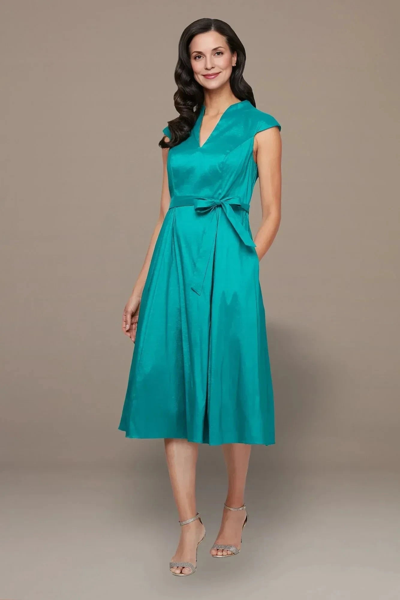 Chic A Line V Neck Cap Sleeve Plain Back Midi Length Mother of the Bride Dress by YiHuiw