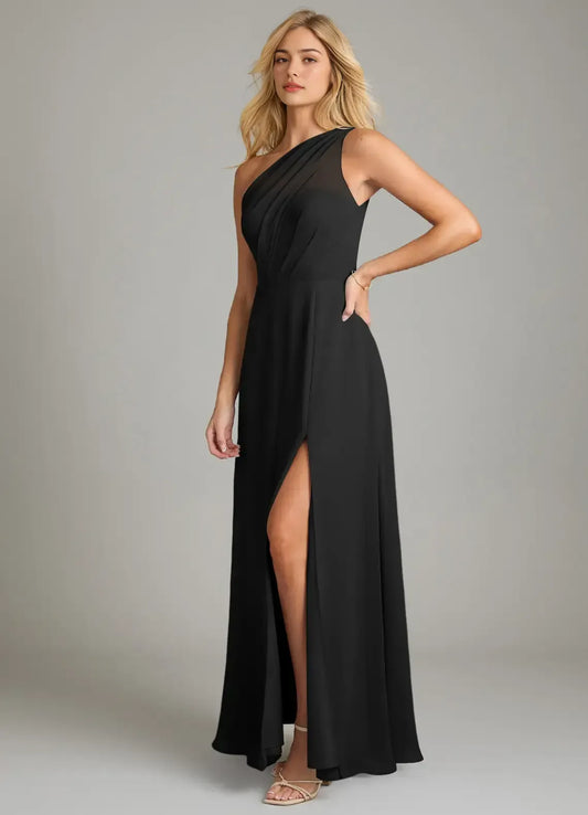 Black A-Line One-Shoulder Sleeveless Floor-Length Evening Dress - Yihuiw by Yihuiw
