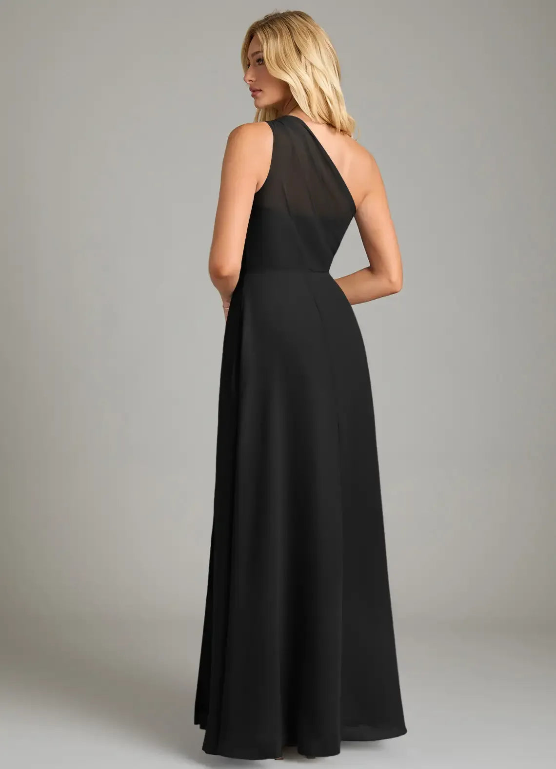 Black A-Line One-Shoulder Sleeveless Floor-Length Evening Dress - Yihuiw by Yihuiw