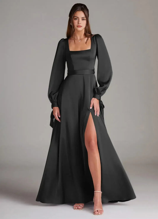 Black A-Line Square Neck Satin Floor-Length Evening Dress - Yihuiw by Yihuiw