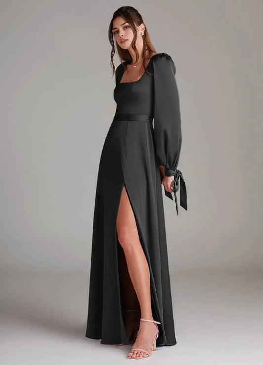 Black A-Line Square Neck Satin Floor-Length Evening Dress - Yihuiw by Yihuiw