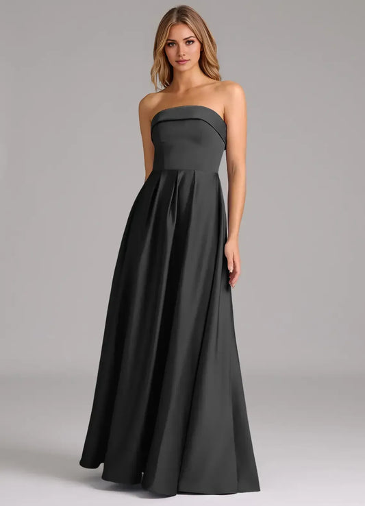 Black A-Line Sweetheart Satin Sleeveless Floor-Length Evening Dress - Yihuiw by Yihuiw