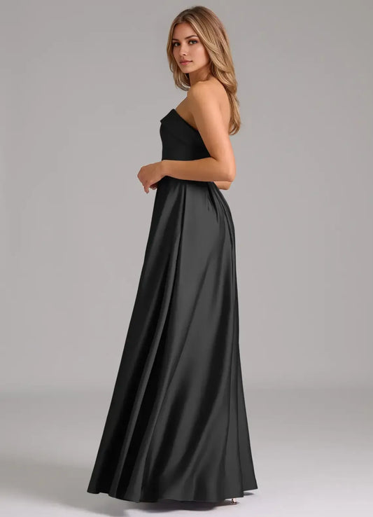 Black A-Line Sweetheart Satin Sleeveless Floor-Length Evening Dress - Yihuiw by Yihuiw