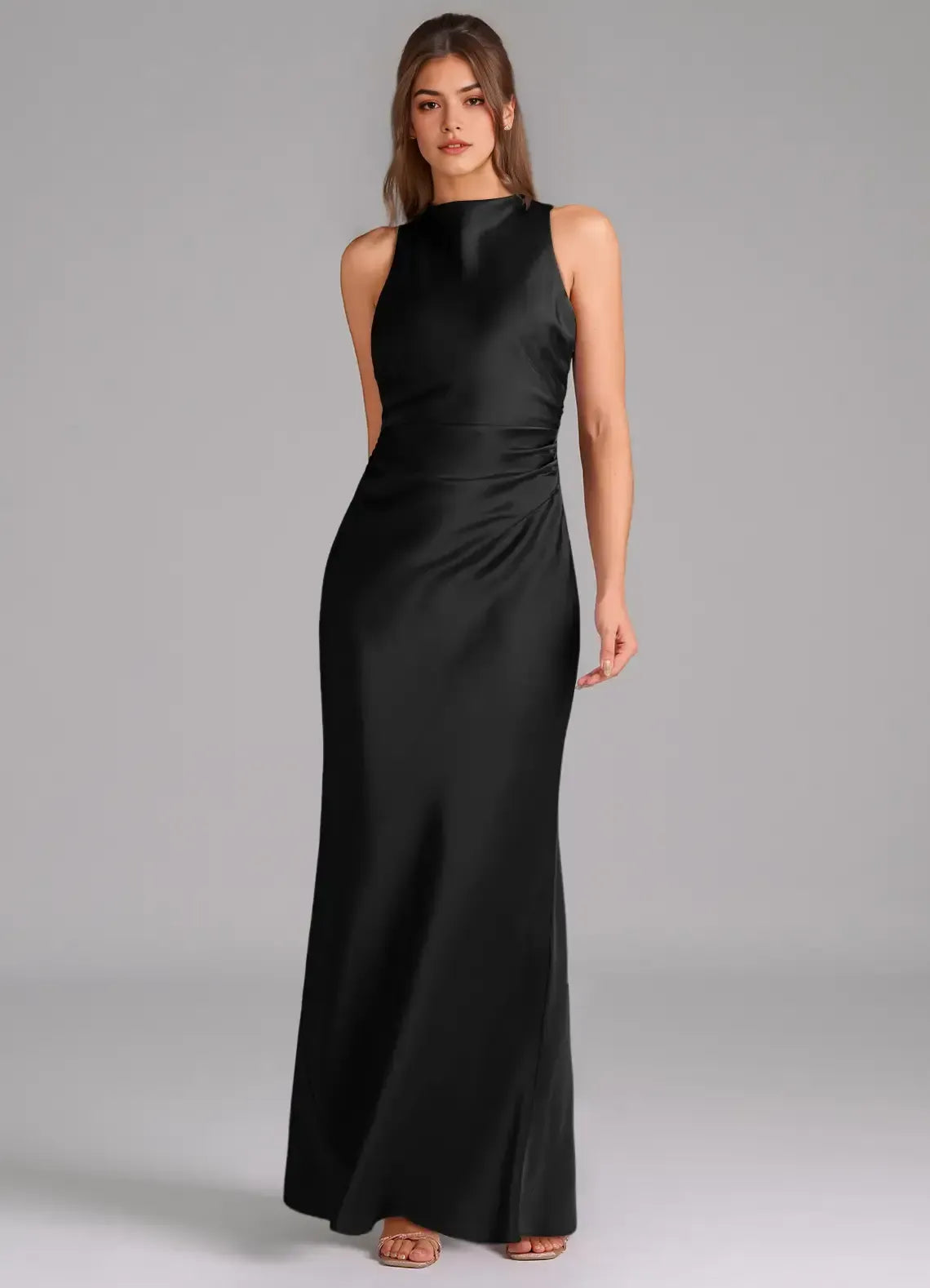 Black Mermaid Halter Satin Floor-Length Evening Dress - Yihuiw by Yihuiw