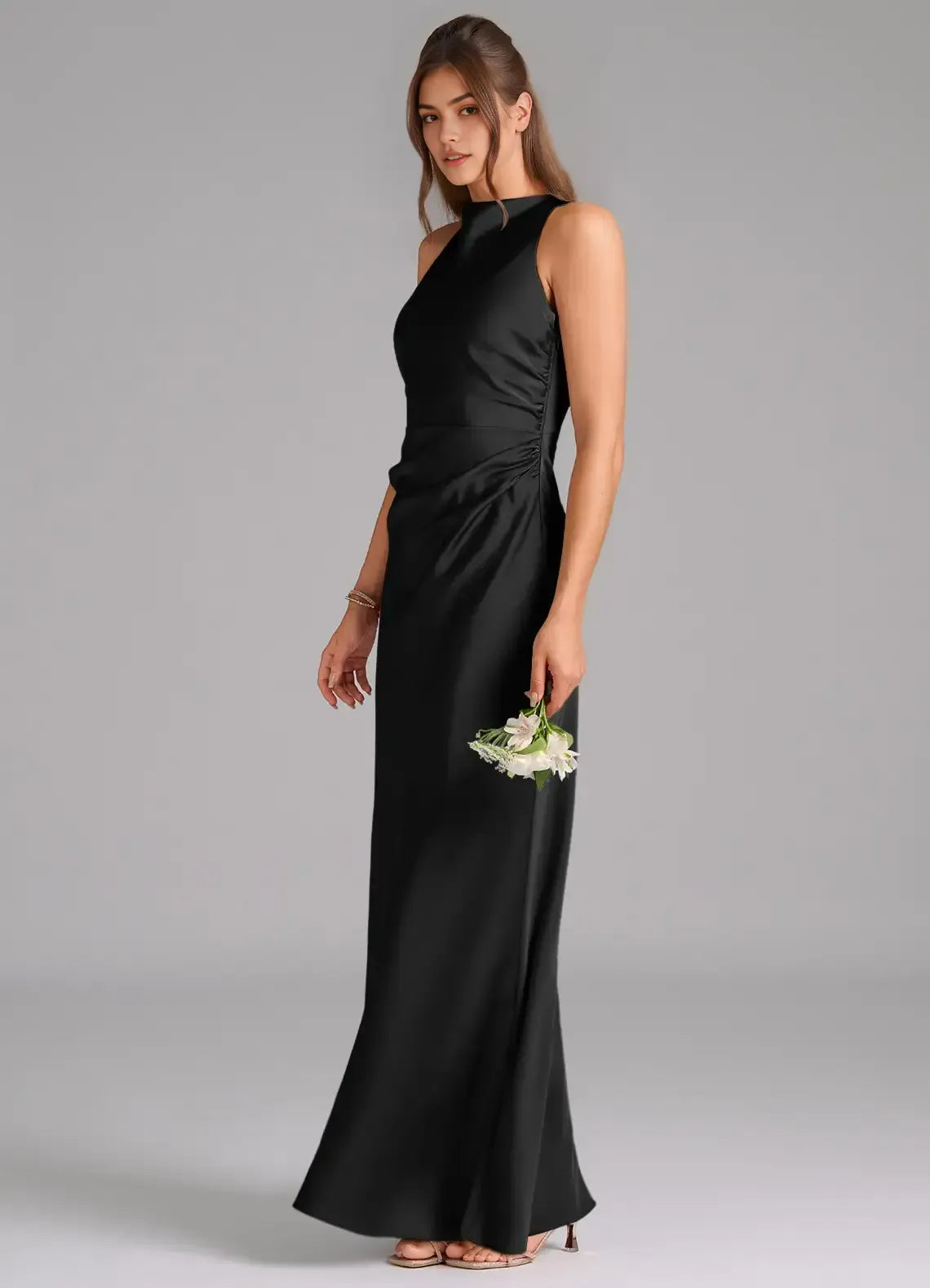 Black Mermaid Halter Satin Floor-Length Evening Dress - Yihuiw by Yihuiw