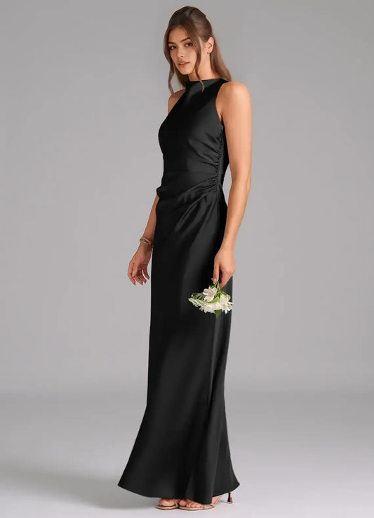 Black Mermaid Halter Satin Floor-Length Evening Dress - Yihuiw by Yihuiw
