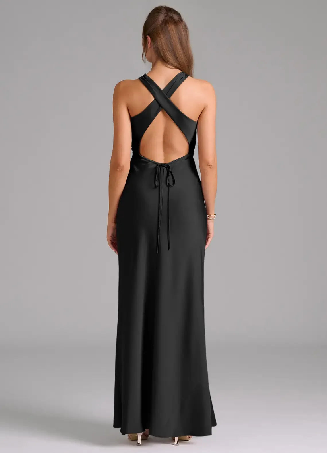 Black Mermaid Halter Satin Floor-Length Evening Dress - Yihuiw by Yihuiw