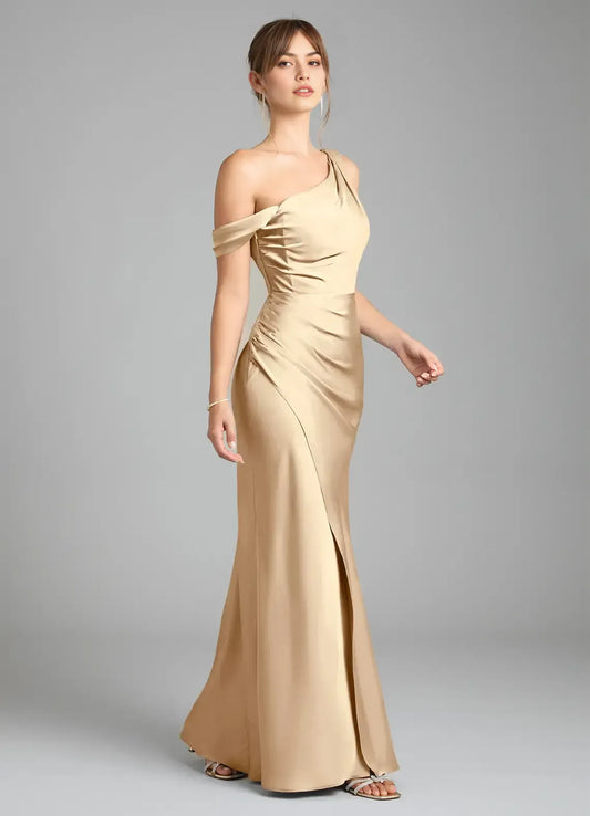 Champagne Mermaid One-Shoulder Satin High Slit Floor-Length Evening Dress - Yihuiw by Yihuiw