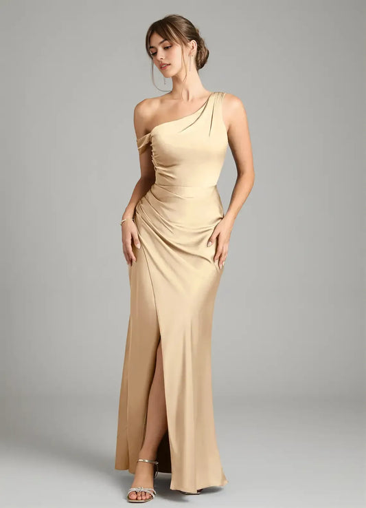 Champagne Mermaid One-Shoulder Satin High Slit Floor-Length Evening Dress - Yihuiw by Yihuiw