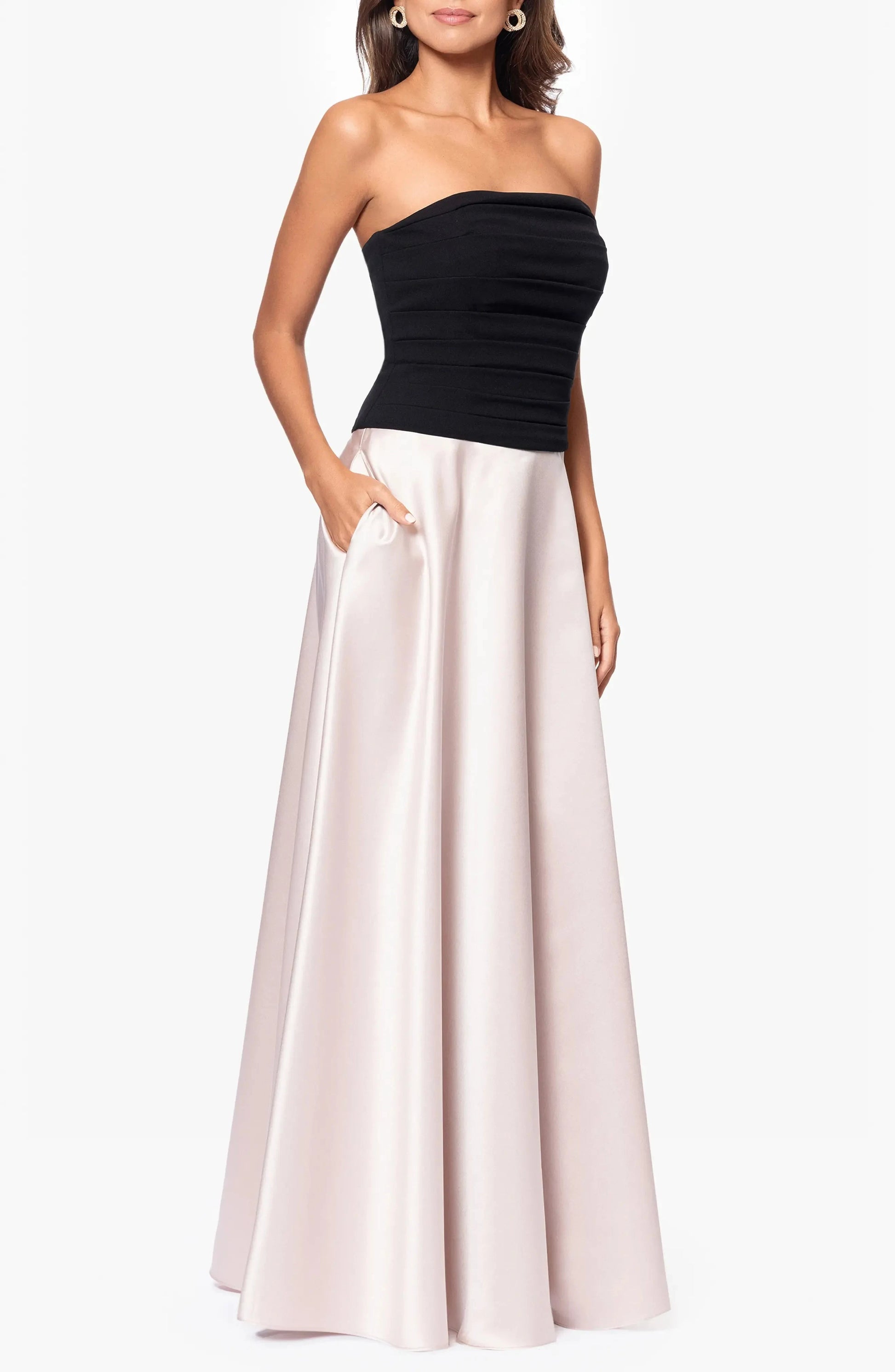 Chic Color Block A-Line Strapless Sleeveless Zipper Back Floor Length For Adults Evening Dress by YiHuiw