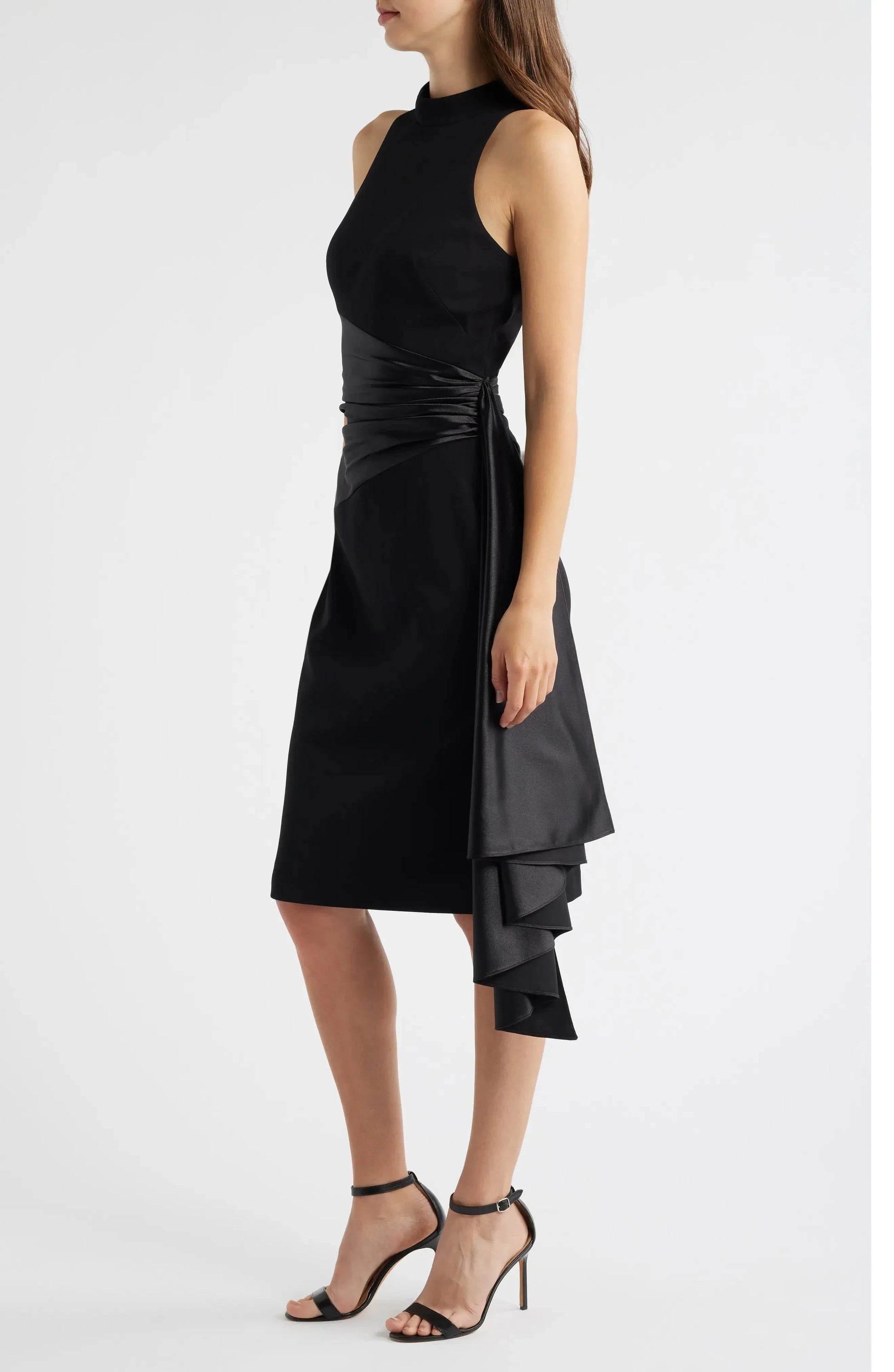 Chic Color-Block Fitted Mock-Neck Sleeveless Zipper-Back Asymmetrical-Midi Evening Dress by YiHuiw