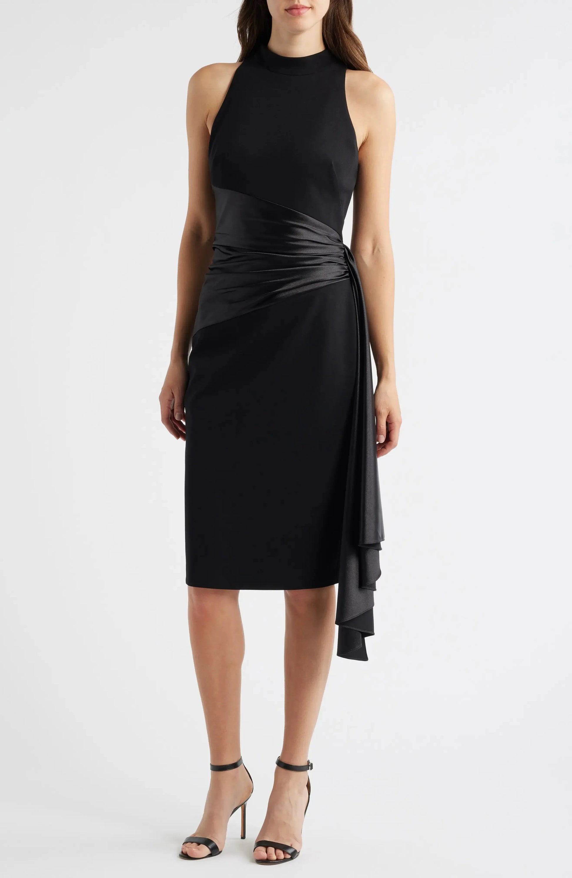 Chic Color-Block Fitted Mock-Neck Sleeveless Zipper-Back Asymmetrical-Midi Evening Dress by YiHuiw