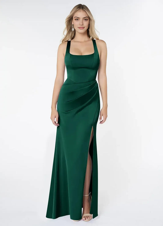 Green Mermaid Square Neck Satin Floor-Length Evening Dress - Yihuiw by Yihuiw