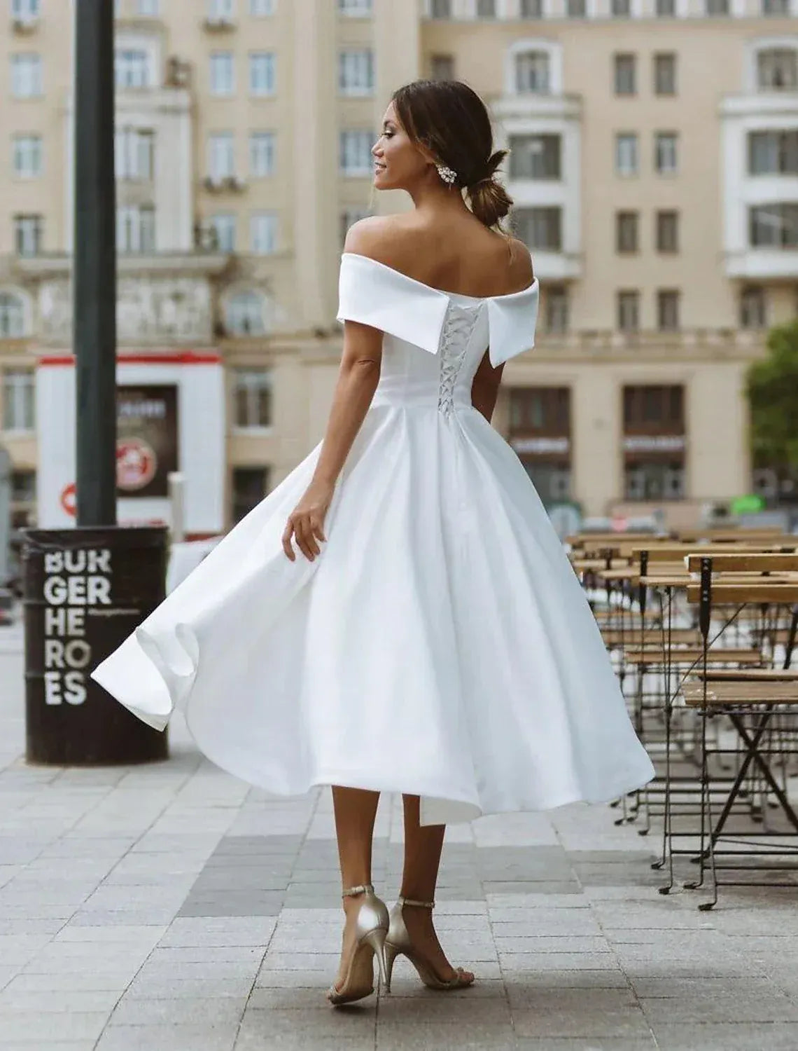 Off-Shoulder Lace-Up Back Midi Wedding Dress - Yihuiw by Yihuiw