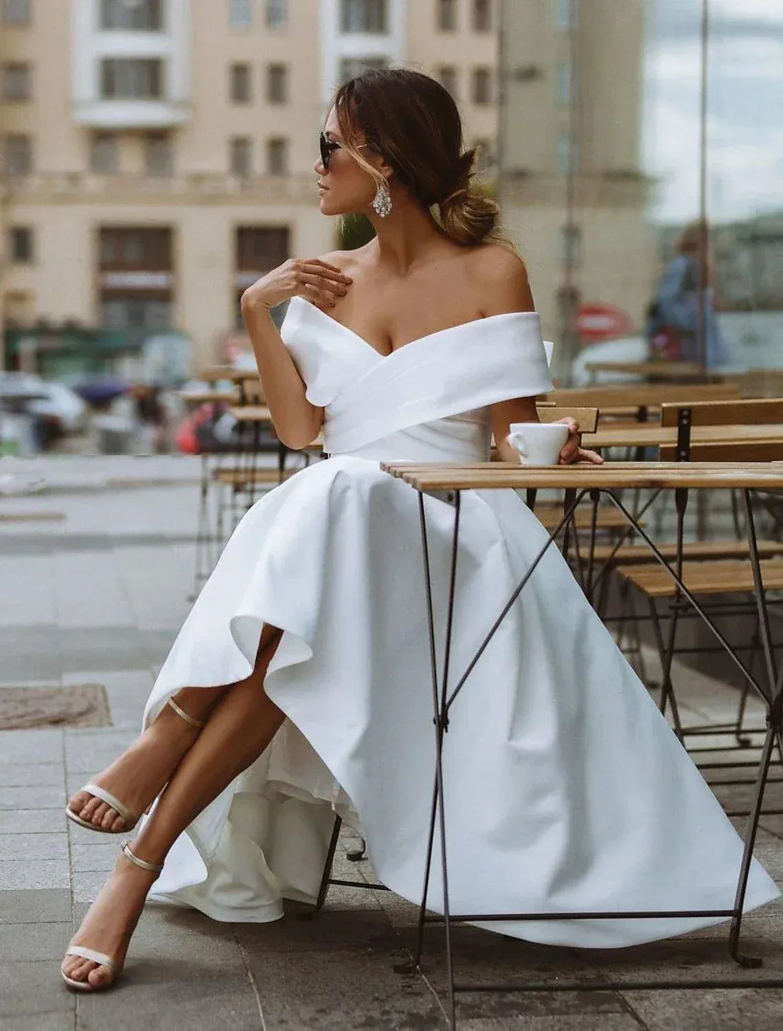 Off-Shoulder Lace-Up Back Midi Wedding Dress - Yihuiw by Yihuiw