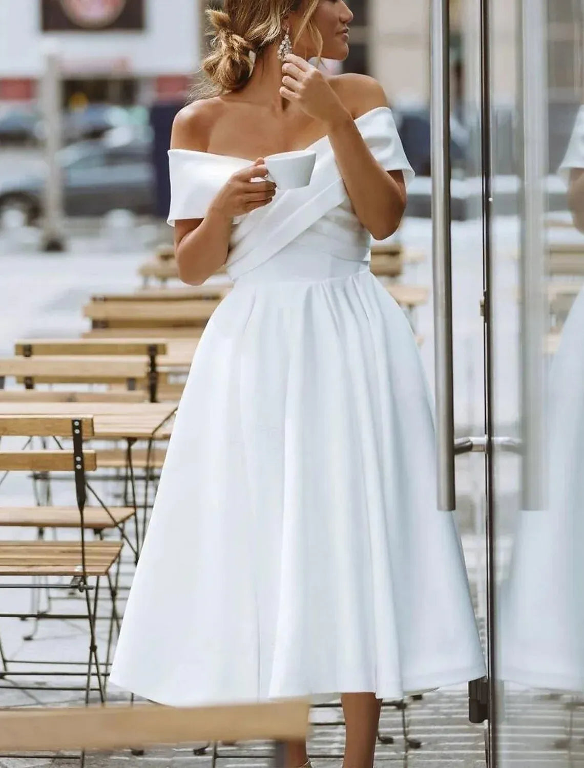 Off-Shoulder Lace-Up Back Midi Wedding Dress - Yihuiw by Yihuiw