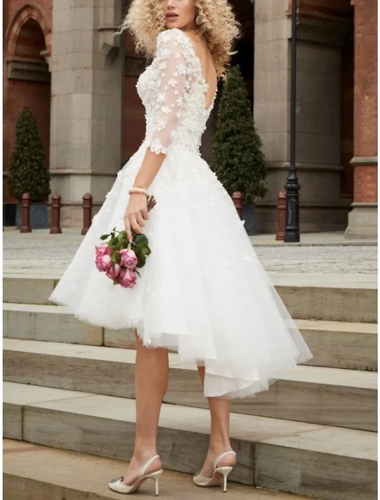 A-Line Three-Quarter Sleeve Mini Wedding Dress - Yihuiw by Yihuiw