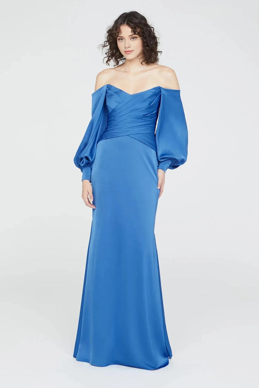 Chic Mermaid Off Shoulder Bishop Sleeve Ruched Back Floor Length Prom Dress by YiHuiw