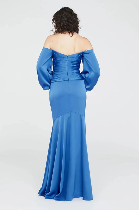 Chic Mermaid Off Shoulder Bishop Sleeve Ruched Back Floor Length Prom Dress by YiHuiw
