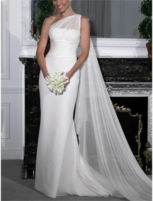 Mermaid One-Shoulder Button Back Floor-Length Wedding Dress - Yihuiw by Yihuiw