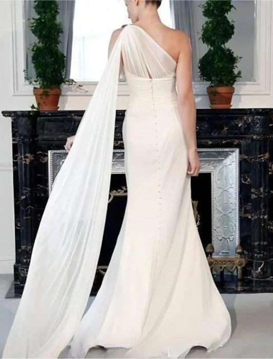 Mermaid One-Shoulder Button Back Floor-Length Wedding Dress - Yihuiw by Yihuiw